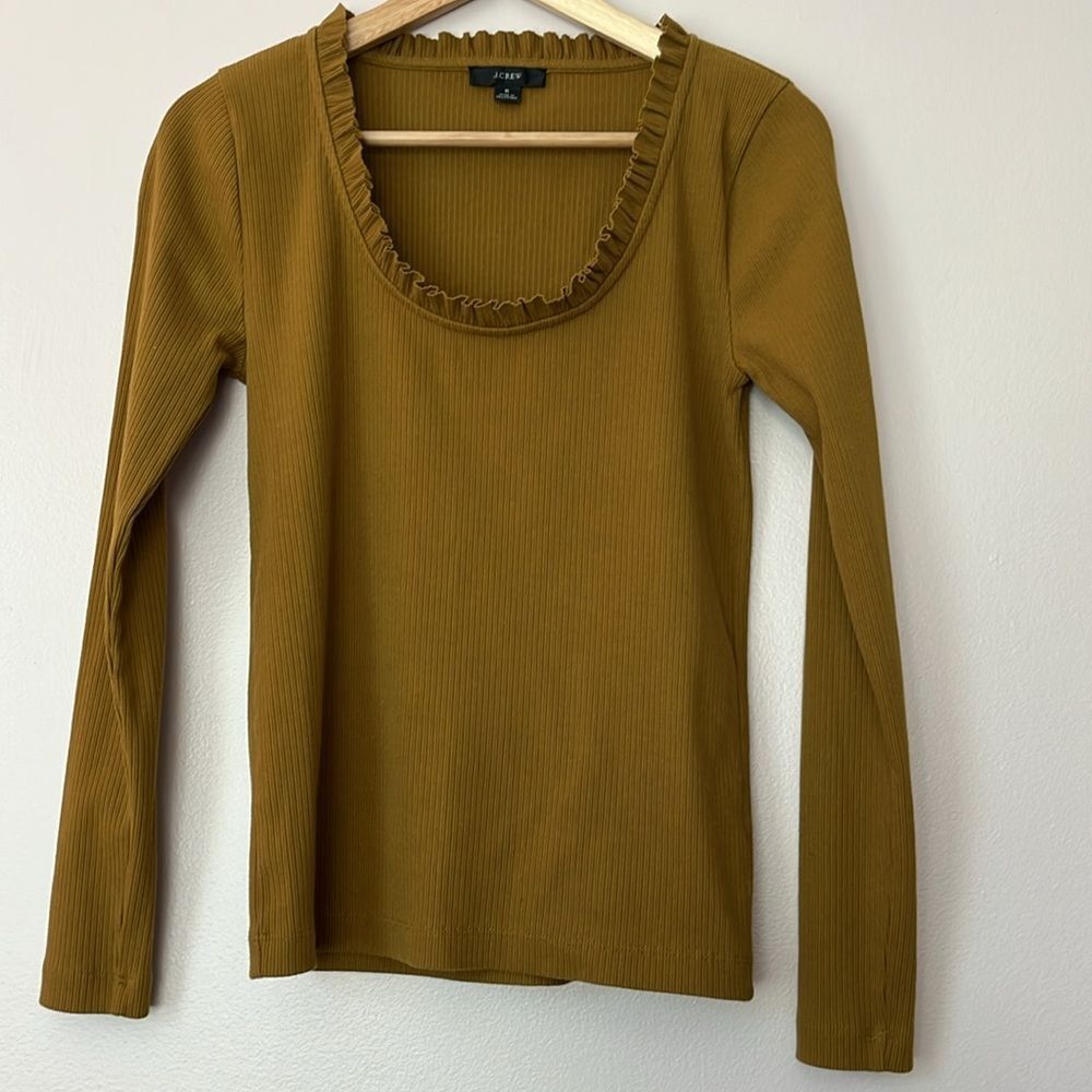 J Crew Ribbed Ruffle Neck Long Sleeve Shirt Bronzed Surplus Brown Women's Small - Picture 4 of 10